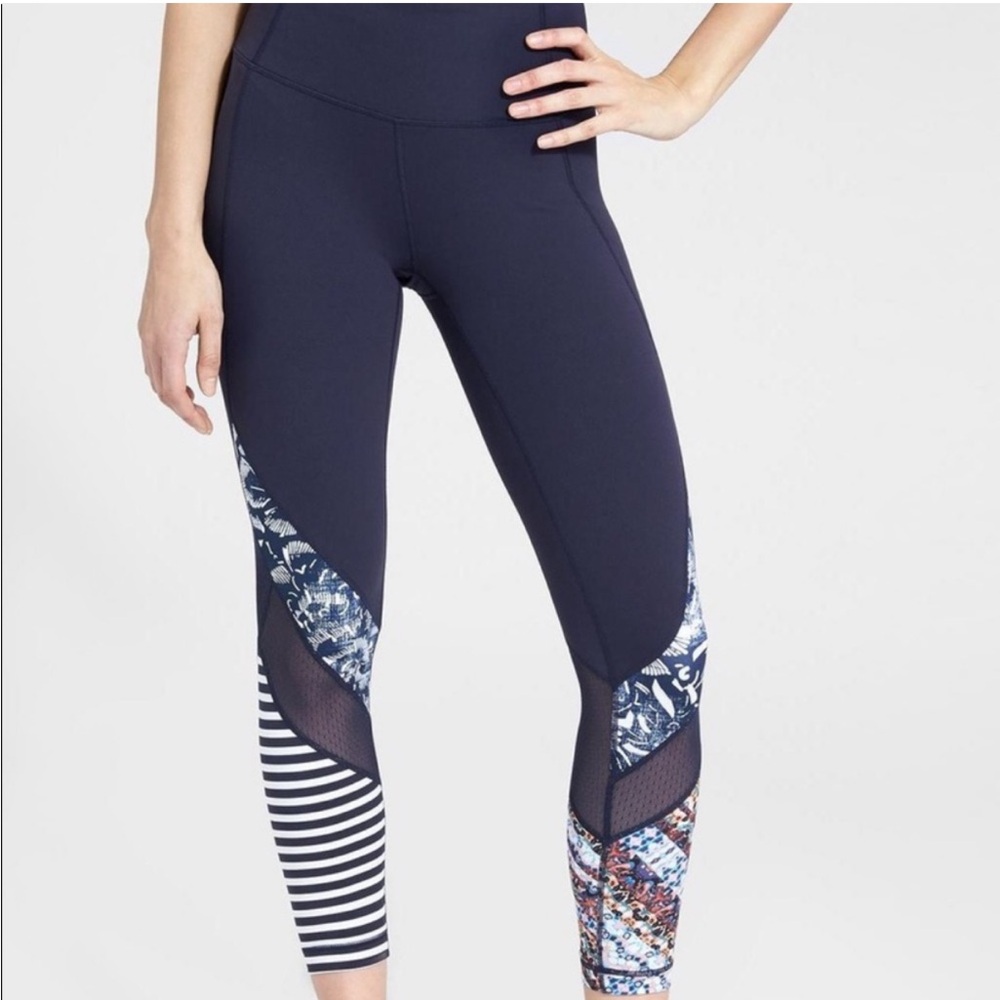 Athleta Navy Printed Panel Performance Leggings